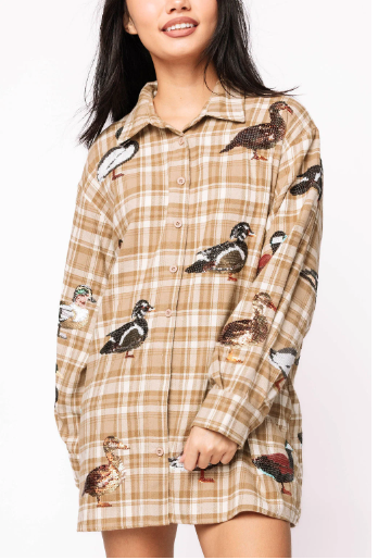 Queen of Sparkles Brown Plaid Duck Button Up Dress