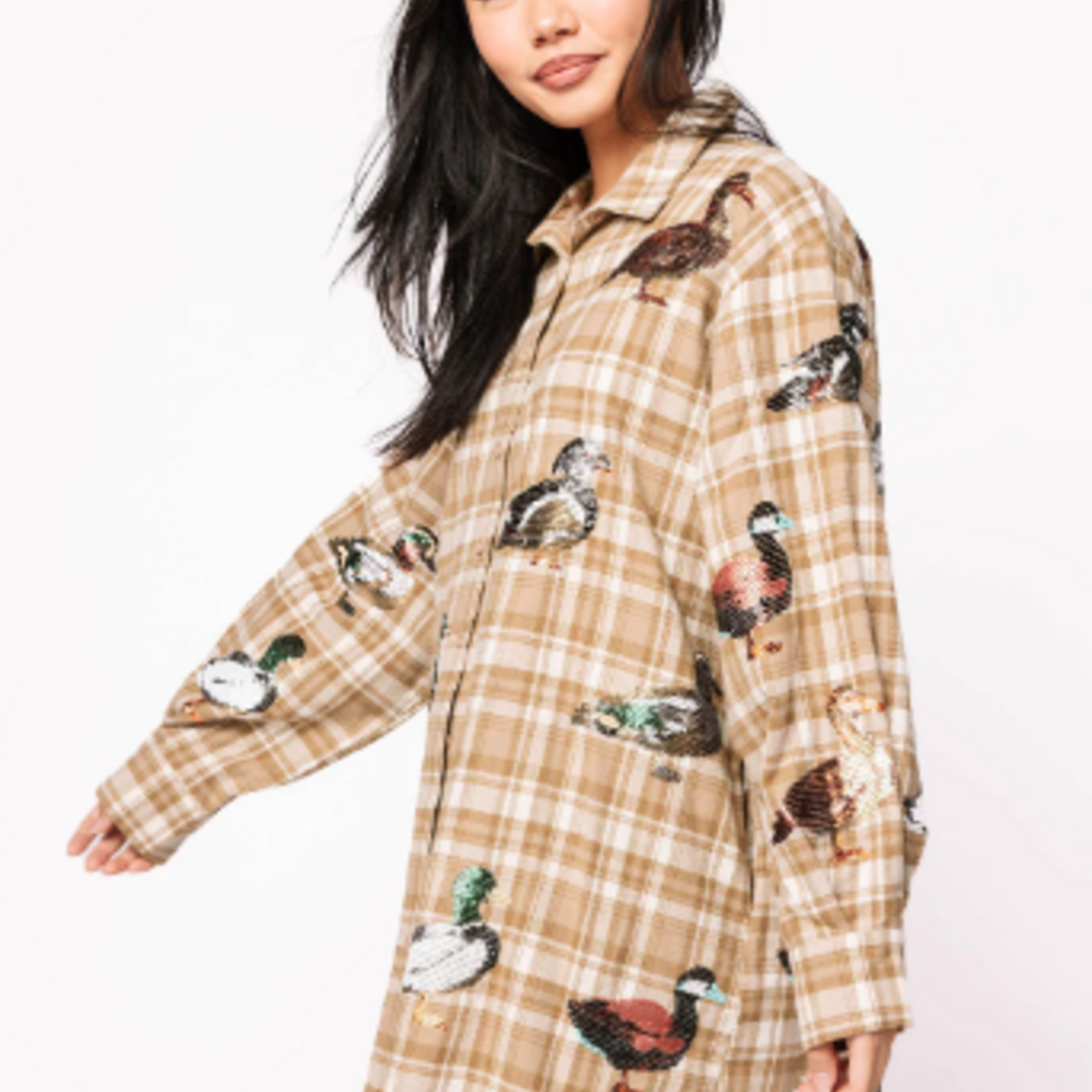 Queen of Sparkles Brown Plaid Duck Button Up Dress