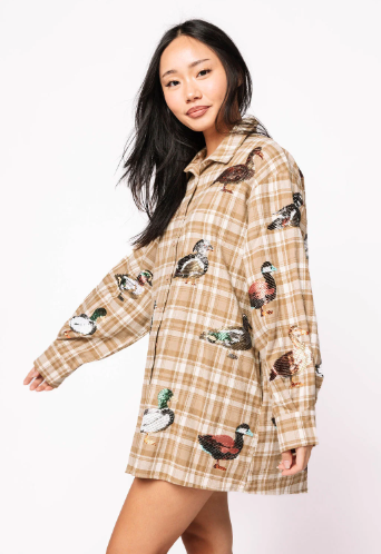 Queen of Sparkles Brown Plaid Duck Button Up Dress