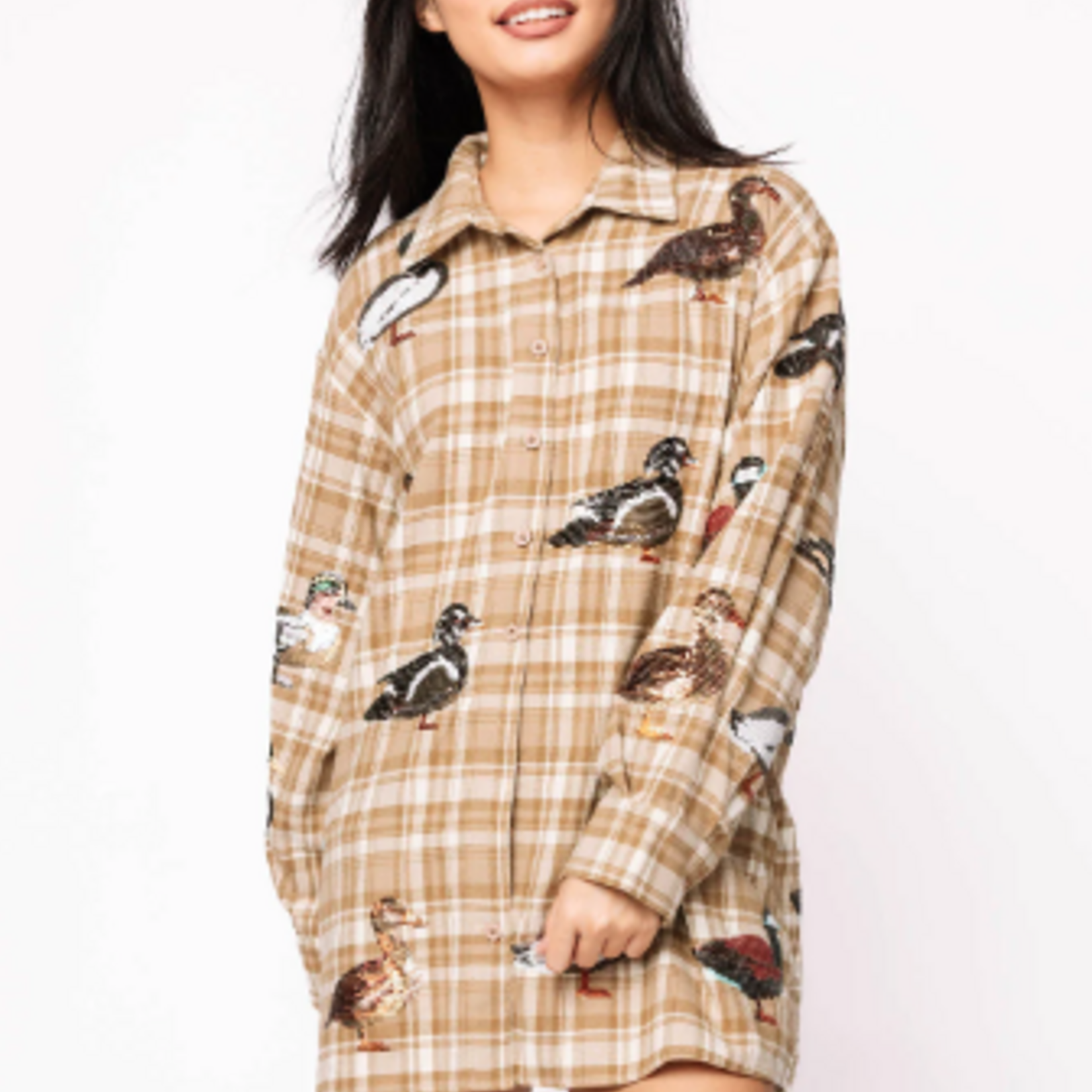 Queen of Sparkles Brown Plaid Duck Button Up Dress