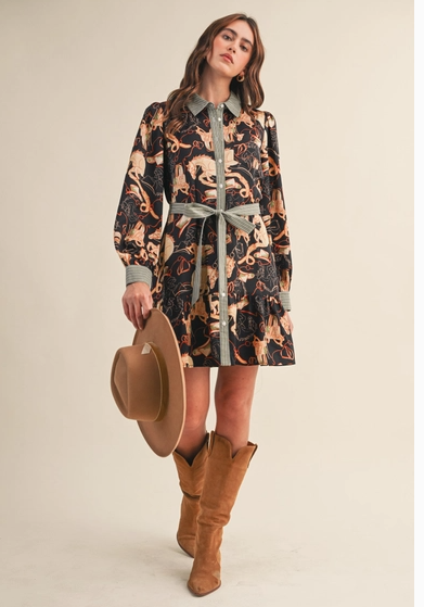 Exclusive Horse Print Button Down Mini Dress