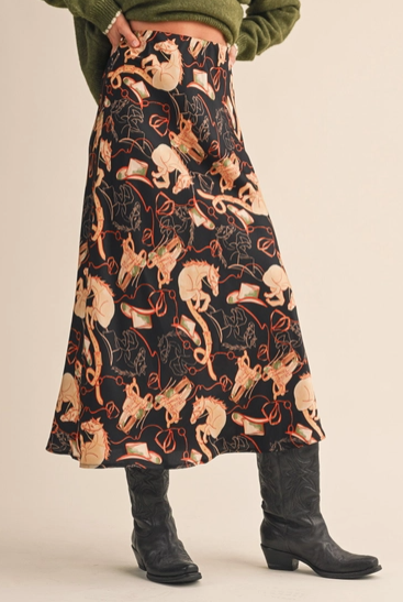Exclusive Western Print Satin Midi Slip Skirt