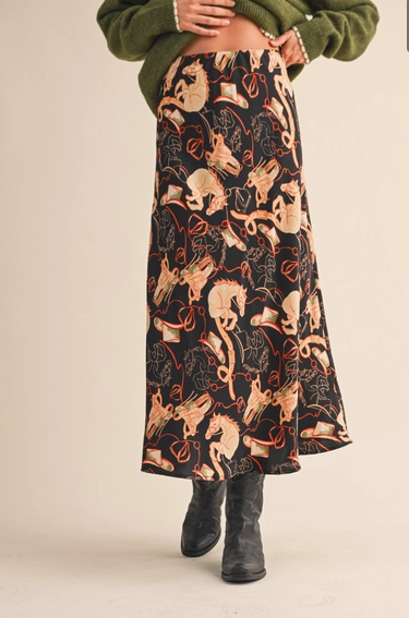 Exclusive Western Print Satin Midi Slip Skirt