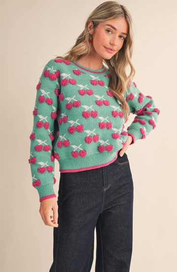 Emerald Fuzzy Cherry Sweater