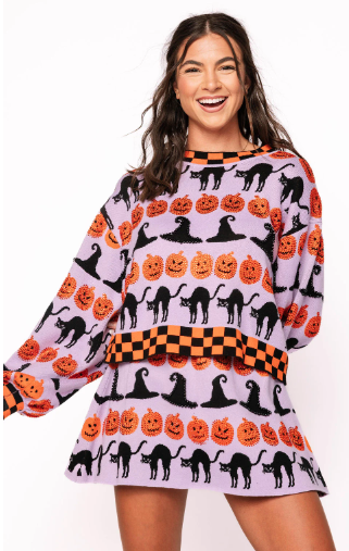 Queen of Sparkles Lavender, Black & Orange Checker Trim Halloween Icon Sweater