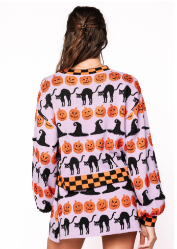 Queen of Sparkles Lavender, Black & Orange Checker Trim Halloween Icon Sweater