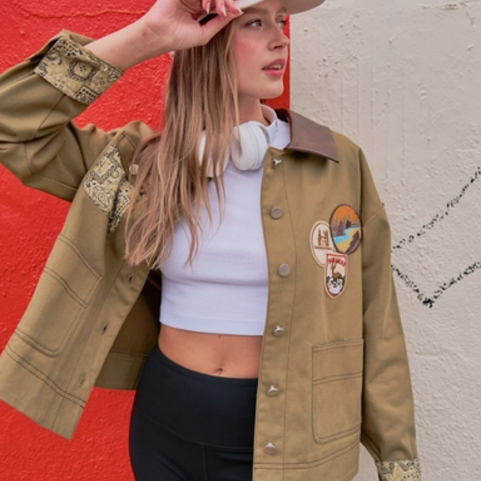 Denim Jacket with Patches and Bandana Print