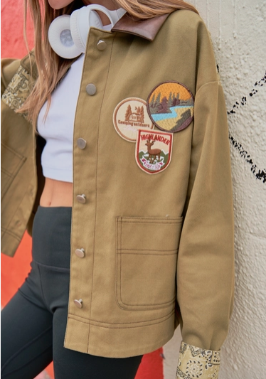 Denim Jacket with Patches and Bandana Print