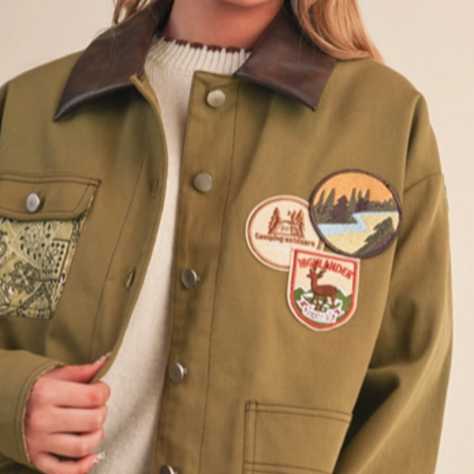 Denim Jacket with Patches and Bandana Print