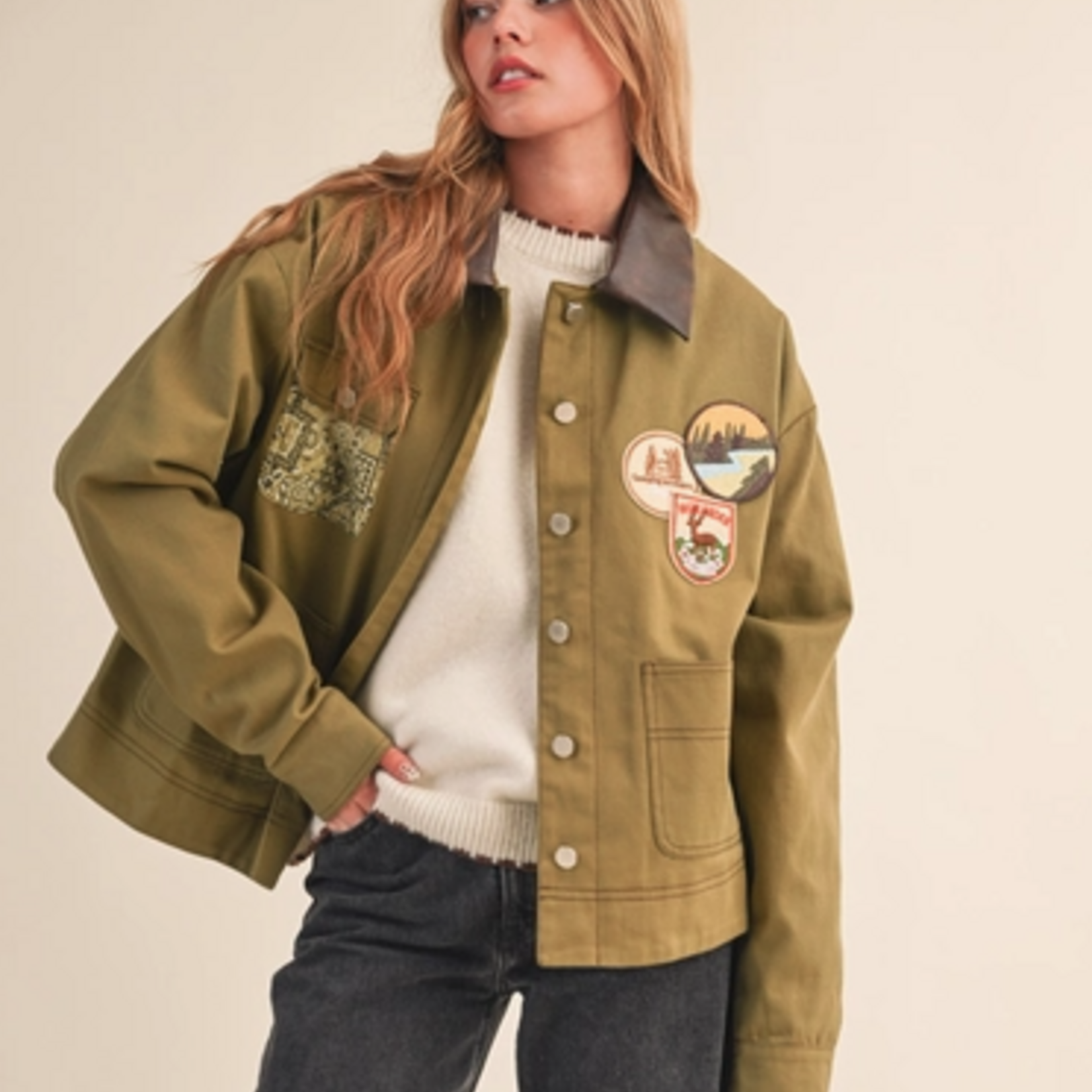 Denim Jacket with Patches and Bandana Print