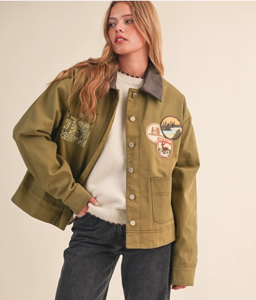 Denim Jacket with Patches and Bandana Print