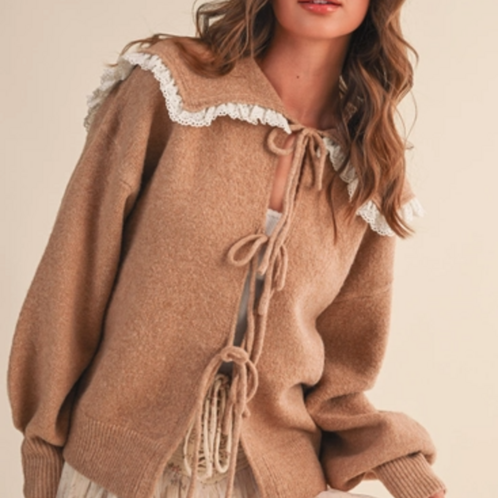 Oversize Lace Trim Collar Front Bows Cardigan