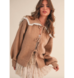Oversize Lace Trim Collar Front Bows Cardigan