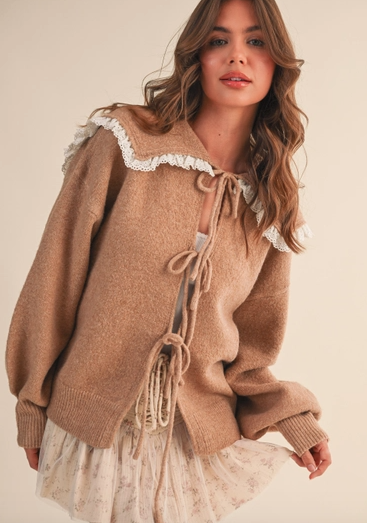 Oversize Lace Trim Collar Front Bows Cardigan