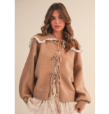 Oversize Lace Trim Collar Front Bows Cardigan