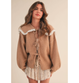 Oversize Lace Trim Collar Front Bows Cardigan