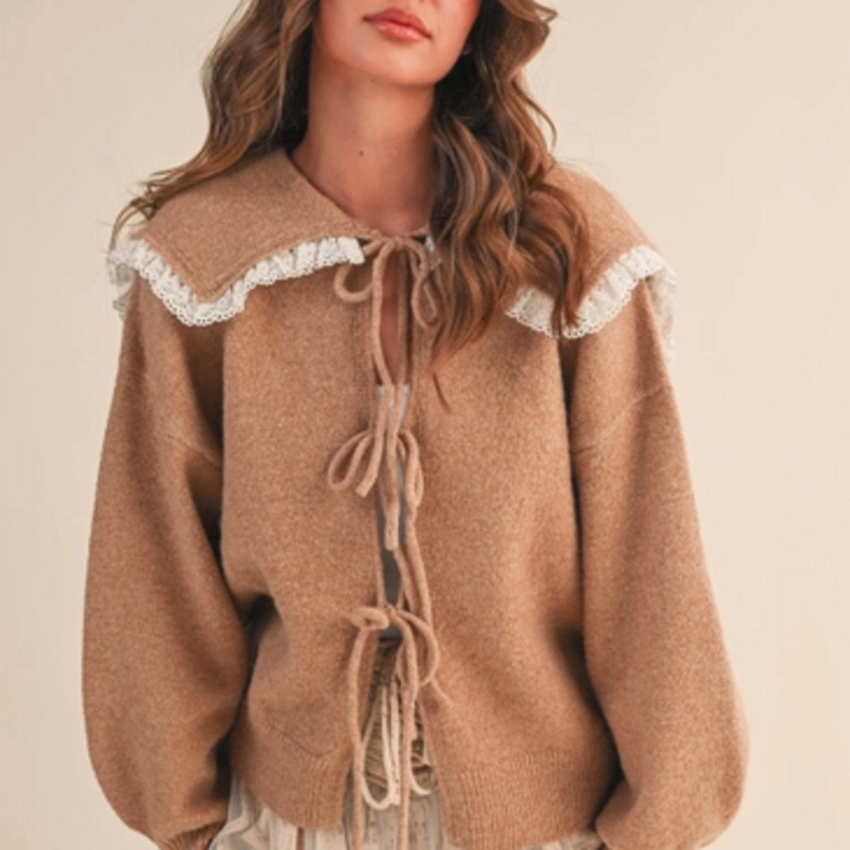 Oversize Lace Trim Collar Front Bows Cardigan