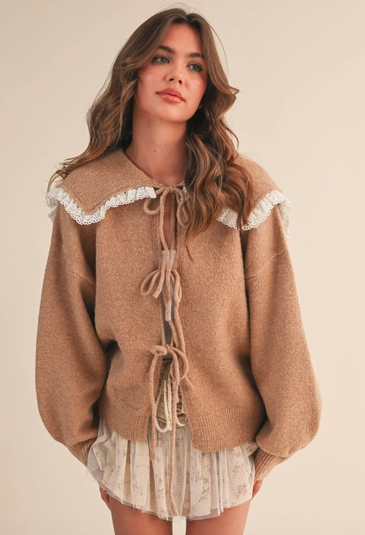 Oversize Lace Trim Collar Front Bows Cardigan
