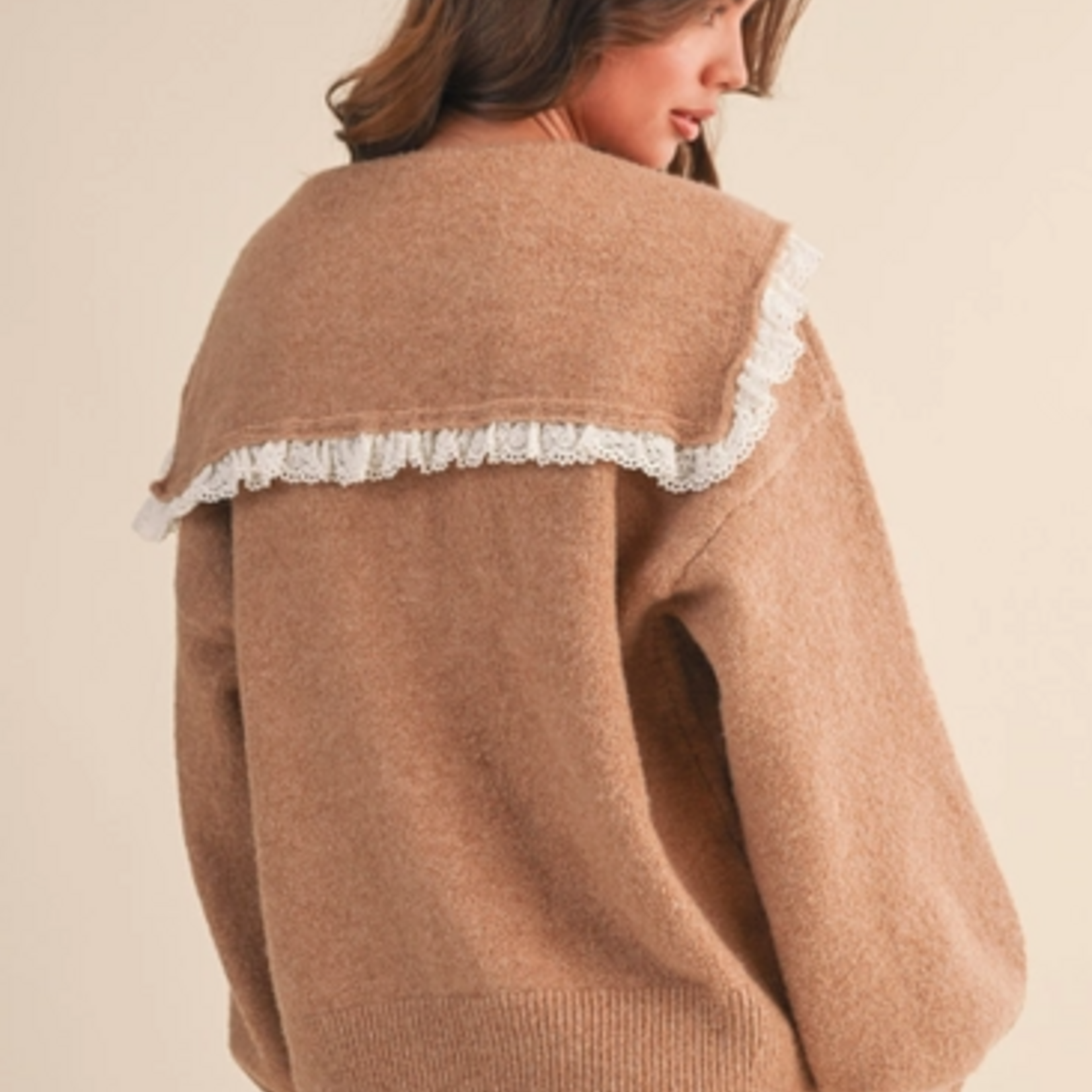 Oversize Lace Trim Collar Front Bows Cardigan