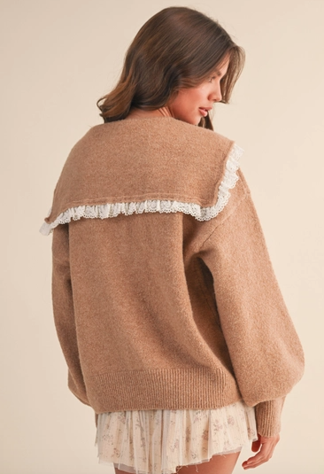 Oversize Lace Trim Collar Front Bows Cardigan