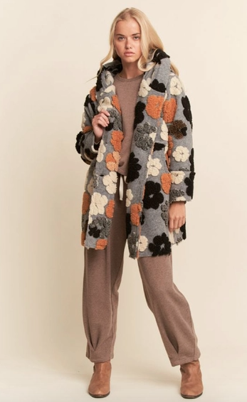 Chunky Flower Embroidered Hoodie Coat Jacket