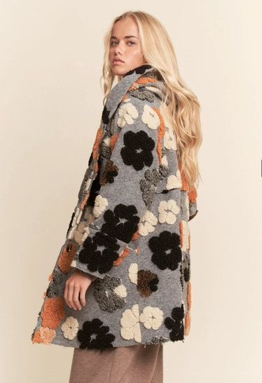Chunky Flower Embroidered Hoodie Coat Jacket
