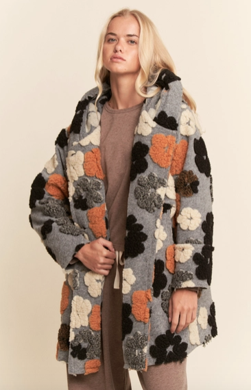 Chunky Flower Embroidered Hoodie Coat Jacket