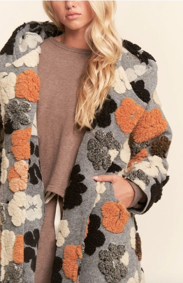Chunky Flower Embroidered Hoodie Coat Jacket