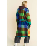 Fuzzy Multi Color Block Checker Waist Belt Coat