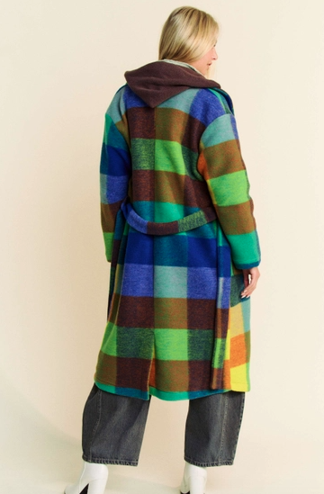 Fuzzy Multi Color Block Checker Waist Belt Coat