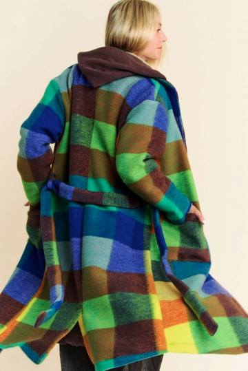 Fuzzy Multi Color Block Checker Waist Belt Coat