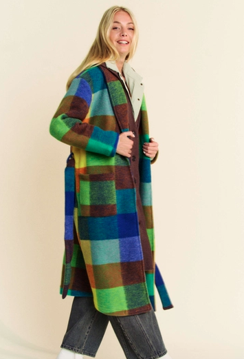 Fuzzy Multi Color Block Checker Waist Belt Coat