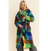 Fuzzy Multi Color Block Checker Waist Belt Coat