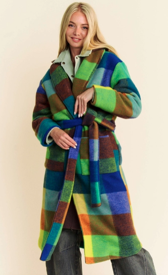 Fuzzy Multi Color Block Checker Waist Belt Coat