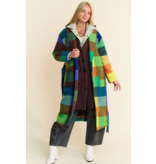 Fuzzy Multi Color Block Checker Waist Belt Coat