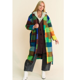 Fuzzy Multi Color Block Checker Waist Belt Coat