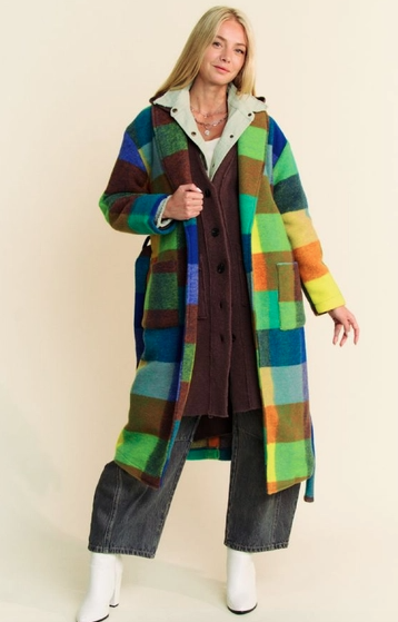 Fuzzy Multi Color Block Checker Waist Belt Coat