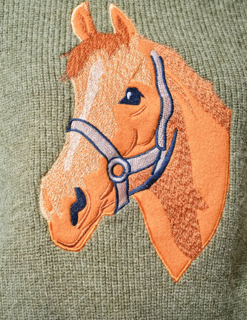 Olive Horse Embroidery Knit Sweater