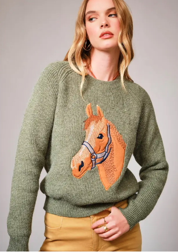 Olive Horse Embroidery Knit Sweater