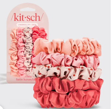 Ruched Satin Scrunchies 5pc Set - Assorted Cherry Blossom