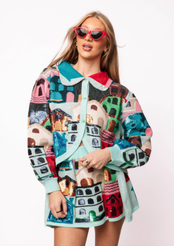 Queen of Sparkles Multi Collar Button Up House Sweater
