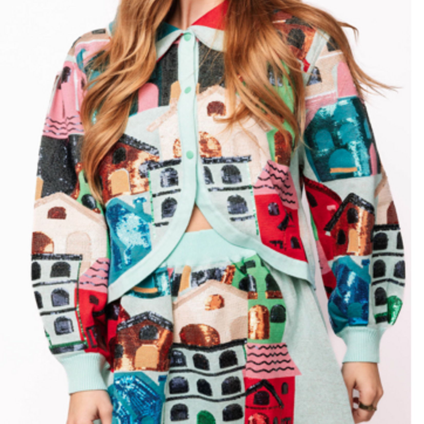 Queen of Sparkles Multi Collar Button Up House Sweater