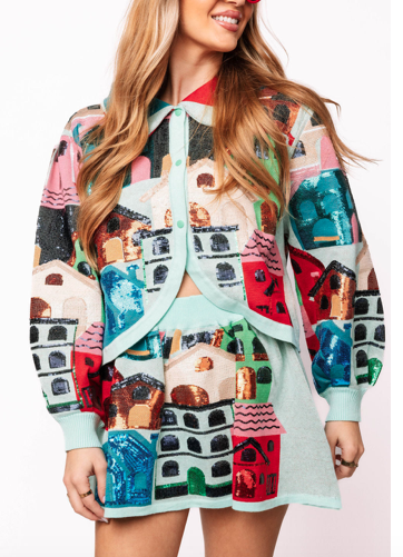 Queen of Sparkles Multi Collar Button Up House Sweater