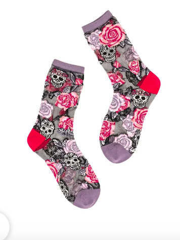 Skulls & Roses Black Sheer Crew Sock