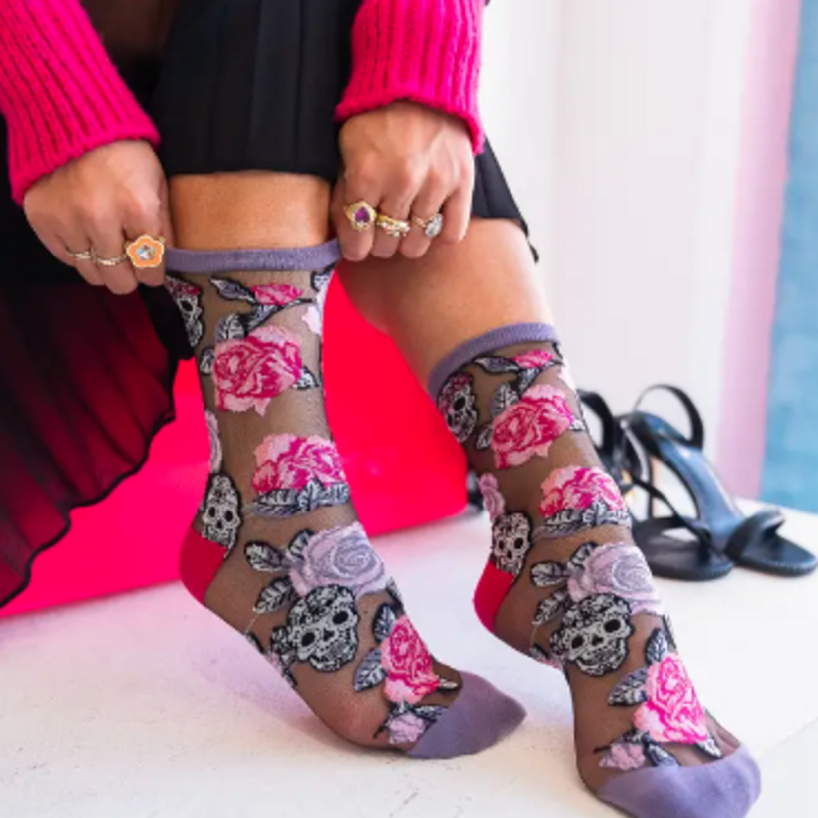 Skulls & Roses Black Sheer Crew Sock