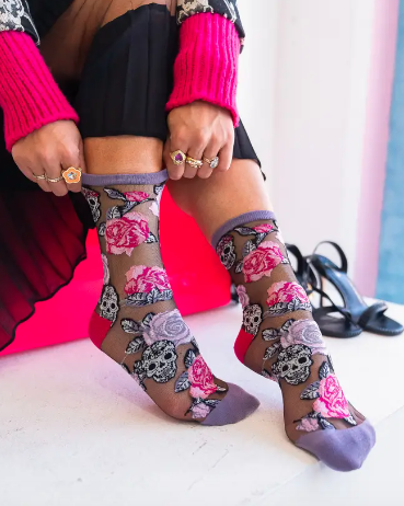 Skulls & Roses Black Sheer Crew Sock