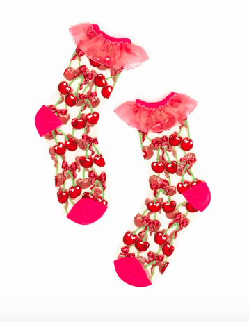 Cherry Bow Ruffle Sheer Crew Sock