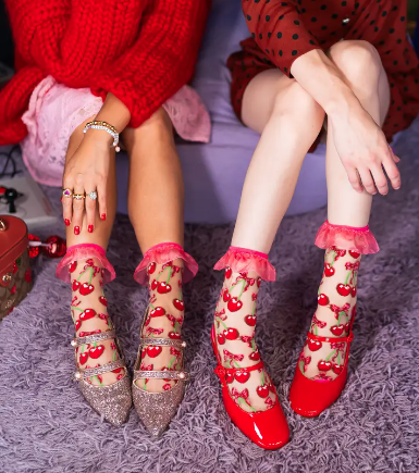 Cherry Bow Ruffle Sheer Crew Sock