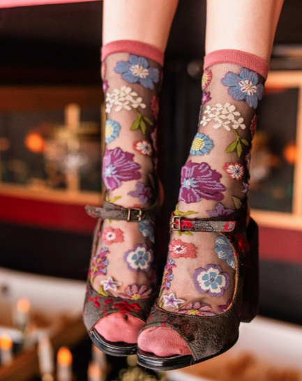 Dark Florals Black Sheer Crew Sock