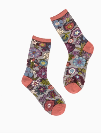 Dark Florals Black Sheer Crew Sock